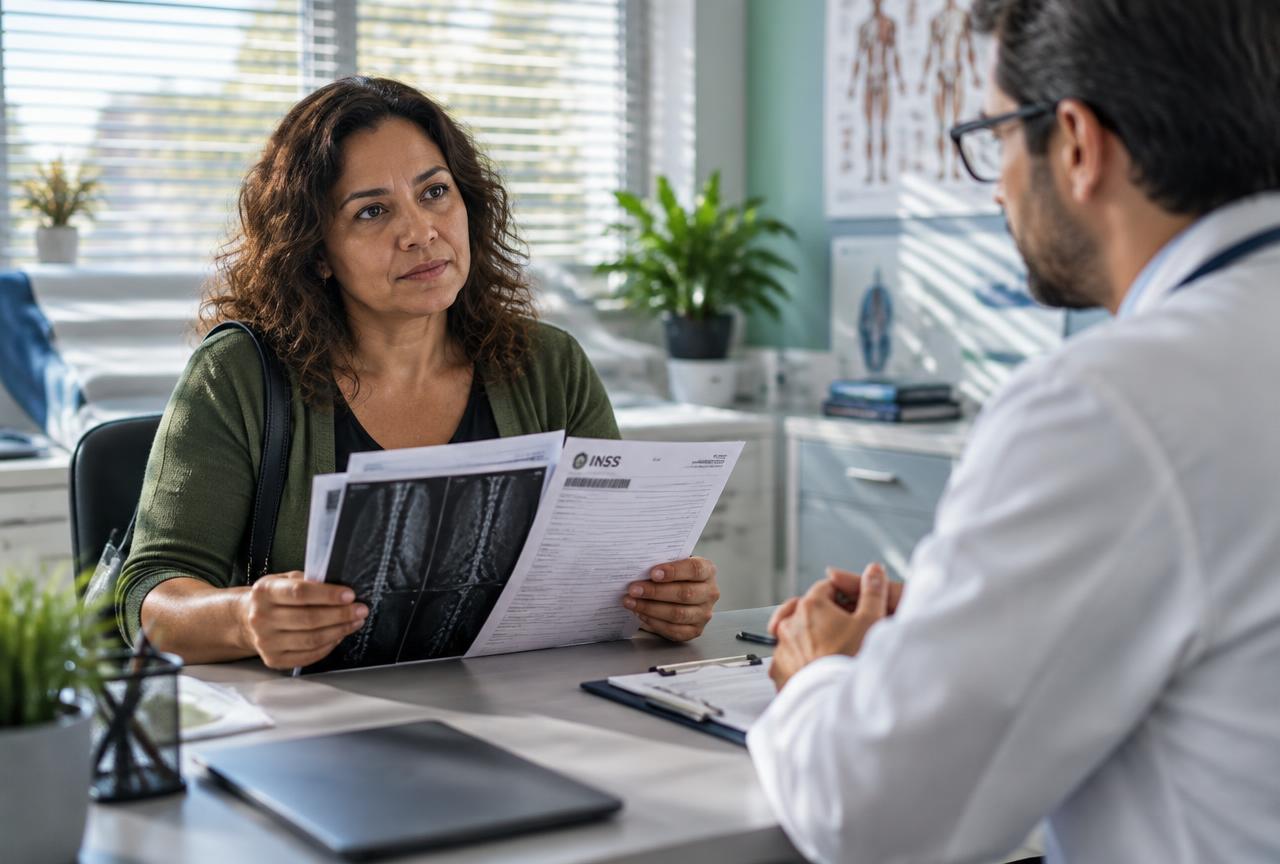 Mulher brasileira mostrando exames médicos e formulário do INSS durante consulta com médico em consultório claro