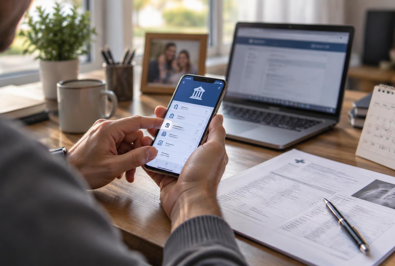 Mãos segurando celular com aplicativo de previdência aberto ao lado de relatório médico, notebook e calendário sobre mesa de madeira