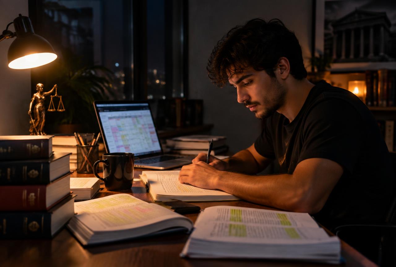 Estudante brasileiro estudando à noite em mesa com livros de direito, resumos destacados e notebook com cronograma de estudos