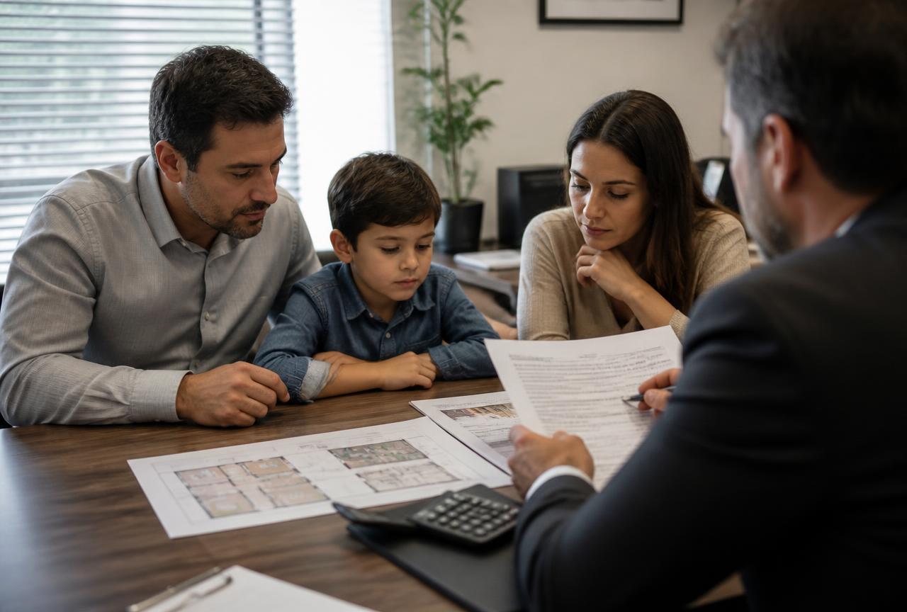 Família brasileira analisando documentos e planta de imóvel com um agente bancário durante atendimento
